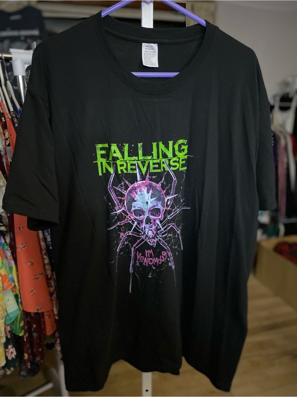 Falling in Reverse - Men's Black Graphic Tee with Neon Skull Spider